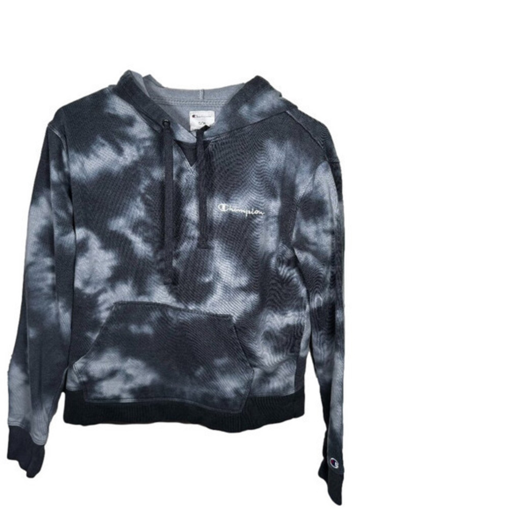 Champion Blue and White Cropped Tie Dye Hoodie